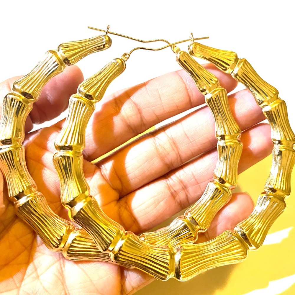 10k Gold Bamboo Hoops 3.2inch
